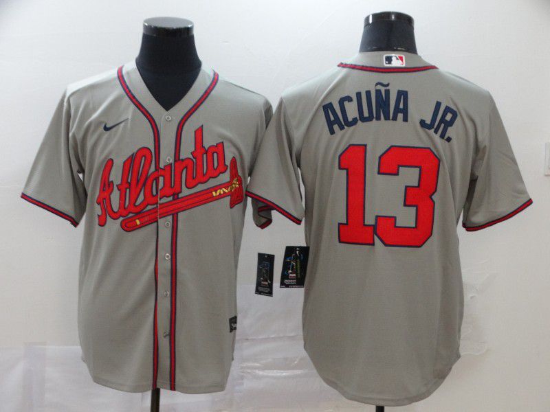 Men Atlanta Braves 13 Acuna jr Grey Nike Game MLB Jerseys